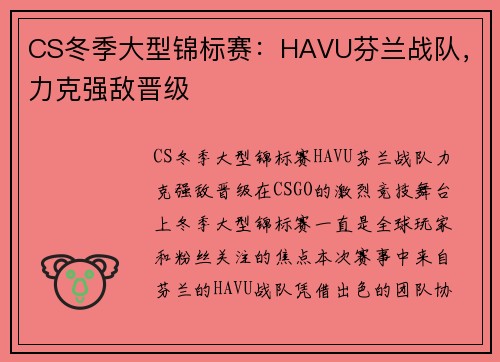 CS冬季大型锦标赛：HAVU芬兰战队，力克强敌晋级