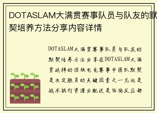 DOTASLAM大满贯赛事队员与队友的默契培养方法分享内容详情