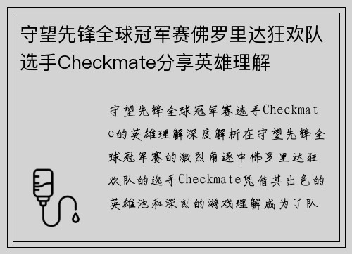 守望先锋全球冠军赛佛罗里达狂欢队选手Checkmate分享英雄理解