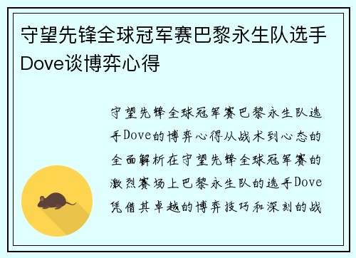 守望先锋全球冠军赛巴黎永生队选手Dove谈博弈心得
