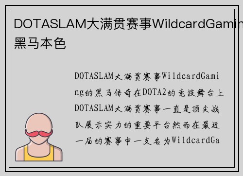 DOTASLAM大满贯赛事WildcardGaming黑马本色