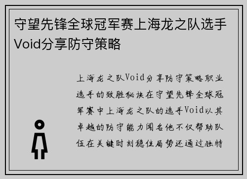 守望先锋全球冠军赛上海龙之队选手Void分享防守策略